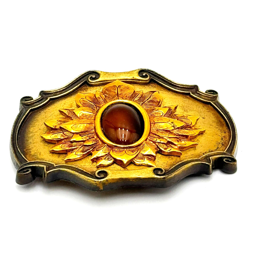 Vintage 1978 Raintree Brass Belt Buckle Brown Oval Gemstone‎ Ornate Floral Texas
